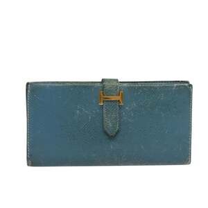 Hermes Leather Bean Long Wallet Blue